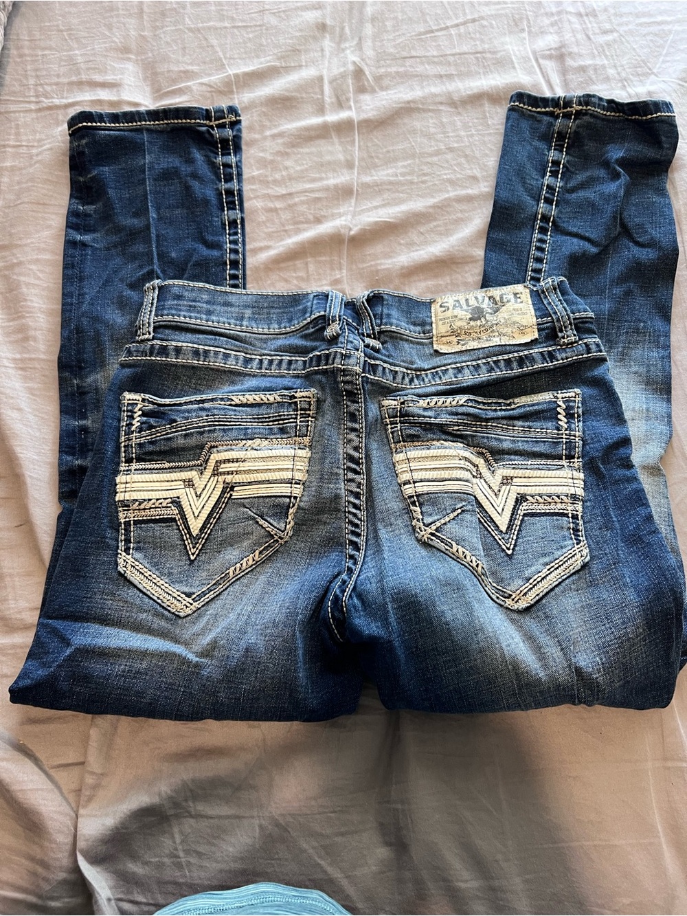 Salvage Men’s Blue Bootcut Jeans with White Pocket Embroidery - Picture 3 of 6